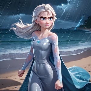 score_9, score_8, score_7, score_6, Elsa, 1girl, fFaceDetail, OverallDetail, beach, long hair, hair blowing in the wind, determined look, wet, tight silver dress, storm, windy, rain, at night