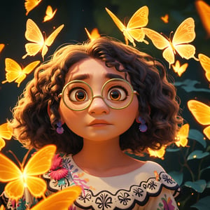 score_9, score_8, score_7, score_6, rating_questionable, MirabelM, 1girl, Glasses, portrait, glowing golden butterflies