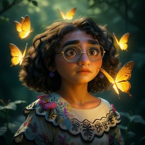 score_9, score_8, score_7, score_6, rating_questionable, MirabelM, 1girl, Glasses, portrait, glowing golden butterflies