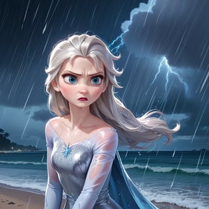 score_9, score_8, score_7, score_6, Elsa, 1girl, fFaceDetail, OverallDetail, beach, long hair, hair blowing in the wind, determined look, wet, tight silver dress, storm, windy, rain, at night