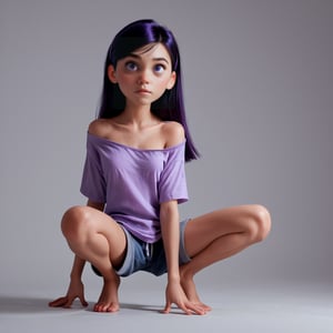 score_9, score_8_up, score_7_up, score_6_up, score_5_up, score_4_up, 1girl, VioletP, violet eyes, crouching, pose, loose shirt, exposed shoulder, teenager, barefoot, shorts, skinny, purple energy, hyper detailed, hard edge lighting, 