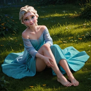 score_9, score_8_up, score_7_up, score_6_up, score_5_up, score_4_up, rating_questionable, Elsa, braid, pale skin, loose dress, exposed shoulder, freckled shoulders, laying on the ground, barefoot 