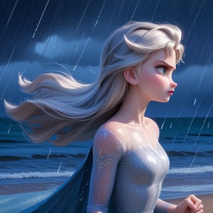 score_9, score_8, score_7, score_6, Elsa, 1girl, fFaceDetail, OverallDetail, beach, long hair, hair blowing in the wind, determined look, wet, tight silver dress, storm, windy, rain, at night