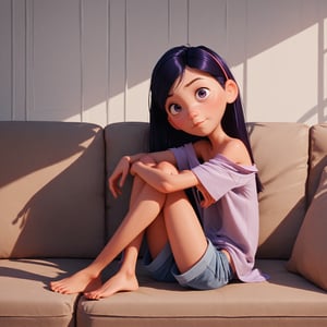 score_9, score_8_up, score_7_up, score_6_up, score_5_up, score_4_up, 1girl,VioletP, violet eyes, posing, portrait , sitting on a couch, loose shirt, exposed shoulder, teenager, barefoot, shorts, skinny, hugging her own legs