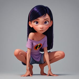 score_9, score_8_up, score_7_up, score_6_up, score_5_up, score_4_up, 1girl,VioletP, violet eyes, crouching, pose, loose shirt, exposed shoulder, teenager, barefoot, shorts, skinny, purple energy