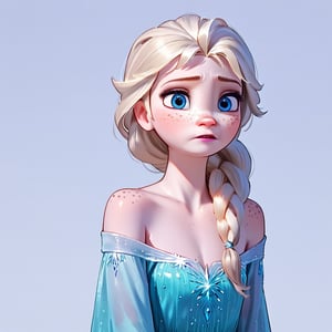 score_9, score_8_up, score_7_up, score_6_up, score_5_up, score_4_up, rating_questionable, Elsa, braid, pale skin, loose dress, exposed shoulder, freckled shoulders, portrait 