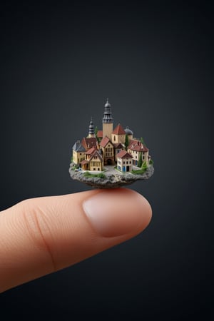 Create an ultra-realistic image of a miniature village standing on a human finger, suitable for high-end publicity. The village should be intricately detailed, with a focus on accuracy and realism. The style should be reminiscent of high-end architectural or product photography, with precise lighting and textures. The image should not contain any logos, signatures, or other defects. The miniature village should be the main focus of the image, with the human finger serving as a subtle yet effective prop to emphasize the scale and detail of the village. The overall mood of the image should be one of wonder and curiosity, inviting the viewer to explore the intricate details of the miniature world.