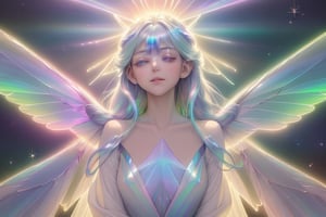 (masterpiece, best quality, official art:1.2), (stunning celestial being:1.3), (iridescent wings:1.4), shimmering silver hair, piercing sapphire eyes, gentle smile, (luminous aura:1.2), soft focus, whimsical atmosphere, serene emotion, dreamy tone, vibrant intensity, inspired by Hayao Miyazaki's style, ethereal aesthetic, pastel colors with (soft pink accents:1.1), warm mood, soft golden lighting, diagonal shot, looking up in wonder, surrounded by (delicate clouds:1.1) and (shimmering stardust:1.2), focal point on the being's face, intricate textures on wings and clothes, highly realistic fabric texture, atmospheric mist effect, high image complexity, detailed environment, subtle movement of wings, dynamic energy.