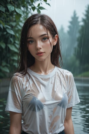 score_9, score_8_up, score_7_up, Young woman, wearing thin, wet shirt, in heavy rain