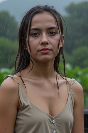 Young woman, wearing thin, wet shirt, in heavy rain