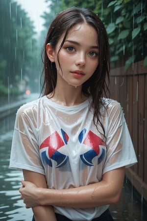 score_9, score_8_up, score_7_up, Young woman, wearing thin, wet shirt, in heavy rain