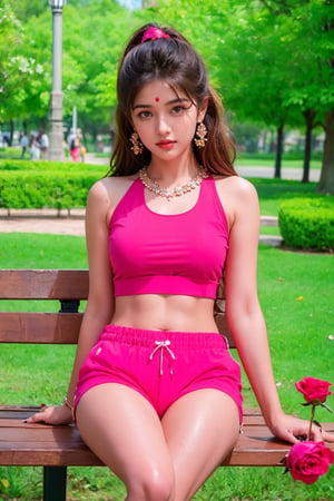 A pretty 20-year-old girl is sitting on a bench in the park. She's wearing a red crop top and pink shorts, holding a rose in her hand. She looks smart and cute with a beautiful face and figure. 4k realistic Indian hot girl. highly detailed, full length frame,attractive,