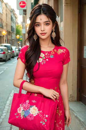 lovely cute young attractive teenage girl, village girl, 18 years old, cute, an Instagram model, long black_hair, colorful hair, winter, dacing, wear  red top, marketing in the hand marketing bag, clean face,1girl, solo,dress, earrings, blurry, see-through, floral print, ring, realistic, @imageized