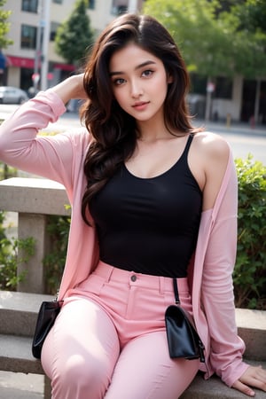 lovely cute young attractive teenage girl, village girl, 18 years old, cute, an Instagram model, long black_hair, colorful hair, winter, dacing, wear pink short top and pant, park in the sitting, clean face