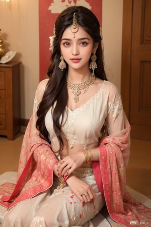 lovely cute young attractive teenage girl, village girl, 18 years old, cute, an Instagram model, long black_hair, colorful hair, winter, dacing, wear white Shree, sitting at puja room, clean face,1girl, solo,dress, earrings, blurry, see-through, floral print, ring, realistic, @imageized