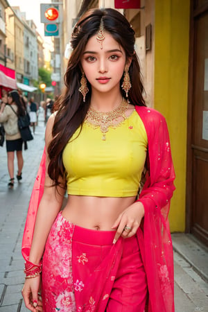 lovely cute young attractive teenage girl, village girl, 18 years old, cute, an Instagram model, long black_hair, colorful hair, winter, dacing, wear  yellow top half pant, public place function, clean face,1girl, solo,dress, earrings, blurry, see-through, floral print, ring, realistic, @imageized