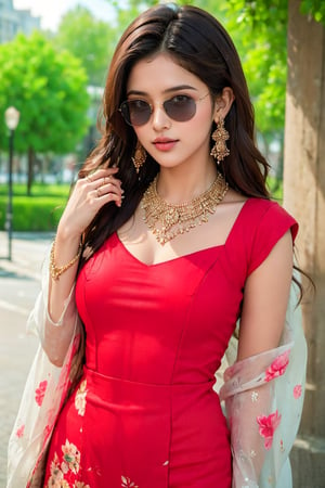 lovely cute young attractive teenage girl, village girl, 18 years old, cute, an Instagram model, long black_hair, colorful hair, winter, dacing, wear  red top, sunglass, working in the park, clean face,1girl, solo,dress, earrings, blurry, see-through, floral print, ring, realistic, @imageized