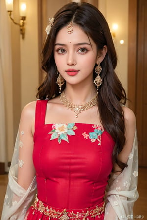 lovely cute young attractive teenage girl, village girl, 18 years old, cute, an Instagram model, long black_hair, colorful hair, winter, dacing, wear  red top, selfie in home, clean face,1girl, solo,dress, earrings, blurry, see-through, floral print, ring, realistic, @imageized