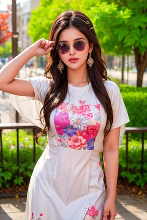 lovely cute young attractive teenage girl, village girl, 18 years old, cute, an Instagram model, long black_hair, colorful hair, winter, dacing, wear  white shot tshirt, sunglass, working in the park, clean face,1girl, solo,dress, earrings, blurry, see-through, floral print, ring, realistic, @imageized