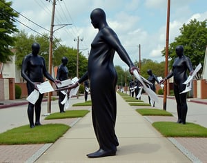 A surreal suburban street like something from "Brazil," where rows of mailboxes stretch endlessly into the horizon. At each mailbox stands a oversized person in a black silicon suit, their faces featureless , holding blank letters that flutter in a non-existent wind. One figure reaches out with elongated, gloved fingers toward a mailbox that grows taller each time they attempt to touch it, creating a never-ending loop of movement.