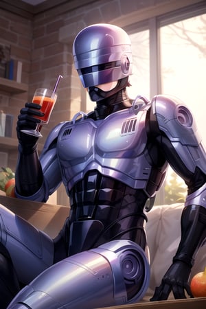 1boy, ocprobocop,sitting,drinking fruit 