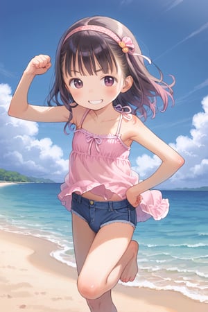 child, outdoor,,,, sunny, ((loli)), (buruma denim), skimpy camisole, hairband, long_hair, beach,, solo, hand on hip, swinging, smirk