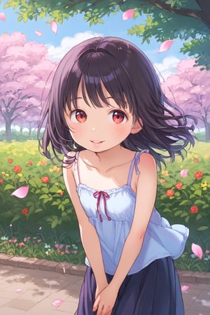 loli,, walk in park, child, red eyes, long black hair, solo,, smile, parting lips,, sexy camisole, spring, wind, fallen flower petal