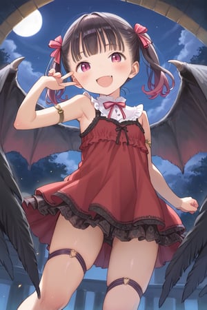 It depicts a cute vampire girl spreading her big black wings while dancing gracefully under the full moon. Her hair is long and straight, and her hair color is deep purple. She is wearing a black and red dress and smile, showing her fangs. A starry sky and an old castle are depicted in the background, creating a fantastic atmosphere. ,anime,cute,VNS_Add more details,visionary art style, ((loli))
