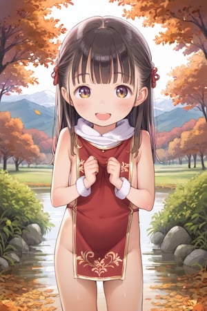 ((loli)), child, skimpy tabard, long hair, autumn, happy , solo,, mountain