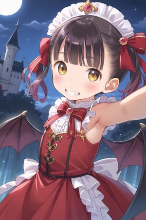 It depicts a cute vampire girl spreading her big black wings while dancing gracefully under the full moon. Her hair is long and straight, and her hair color is deep purple. She is wearing a black and red dress and grin, showing her fangs. A starry sky and an old castle are depicted in the background, creating a fantastic atmosphere. ,anime,cute,VNS_Add more details,visionary art style, ((loli))
