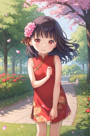 loli,, walk in park, child, red eyes, long black hair, solo,, smile, parting lips,, skimpy cheongsam, spring, wind, fallen flower petal,,