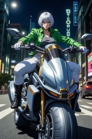 illustration, cartoon, anime, manga, drawing,egmid, score_9, score_8_up, score_7_up, comicbookpage style, ek_an1_b00ster, Cinematic style. Elegant beauty. Dynamic chiaroscuro. High resolution. Stunning animation. She is riding a large silver super bike with a futuristic design in the style of Kamen Rider. One girl. She has short gray hair and green eyes. A very beautiful girl. A girl as beautiful as a model. The girl is tall. Tall. Thin. Slender. Medium-sized chest. A gray shirt and a green leather jacket. White leather pants. A black belt with a large gold buckle on the leather pants. White leather gloves. Black leather boots. It is night. The background is a futuristic city road. The girl has a serious expression on her face. Composition viewed from the front. Composition viewed from above at an angle.