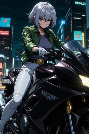 illustration, cartoon, anime, manga, drawing,egmid, score_9, score_8_up, score_7_up, comicbookpage style, ek_an1_b00ster, Cinematic style. Elegant beauty. Dynamic chiaroscuro. High resolution. Stunning animation. She is riding a large black super bike with a futuristic design in the style of Kamen Rider. One girl. She has short gray hair and green eyes. A very beautiful girl. A girl as beautiful as a model. The girl is tall. Tall. Thin. Slender. Medium-sized chest. A gray shirt and a green leather jacket. White leather pants. A black belt with a large gold buckle on the leather pants. White leather gloves. Black leather boots. It is night. The background is a futuristic city road. The girl has a serious expression on her face. Composition viewed from the front. Composition viewed from above at an angle.