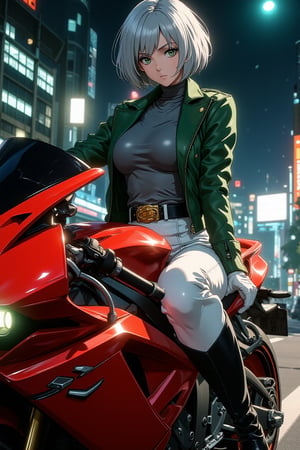 illustration, cartoon, anime, manga, drawing,egmid, score_9, score_8_up, score_7_up, comicbookpage style, ek_an1_b00ster, Cinematic style. Elegant beauty. Dynamic chiaroscuro. High resolution. Stunning animation. She is riding a large red super bike with a futuristic design in the style of Kamen Rider. One girl. She has short gray hair and green eyes. A very beautiful girl. A girl as beautiful as a model. The girl is tall. Tall. Thin. Slender. Medium-sized chest. A gray shirt and a green leather jacket. White leather pants. A black belt with a large gold buckle on the leather pants. White leather gloves. Black leather boots. It is night. The background is a futuristic city road. The girl has a serious expression on her face. Composition viewed from the front. Composition viewed from above at an angle.