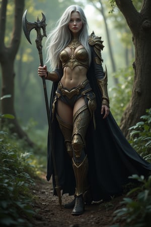 Ultra-detailed CG illustration, set in a fantasy world. Set in a forest. Time: daytime. There is a girl. 18 years old. Caucasian girl. Long silver hair and green eyes. The girl is tall. Tall. Thin. Slender. Medium bust. Wears revealing golden armor. Reveals a lot of skin. Black cloak. The girl is holding a axe. Looking at the viewer. Pointing the spear at the viewer. Full body shot. Composition seen from the front. Front view.