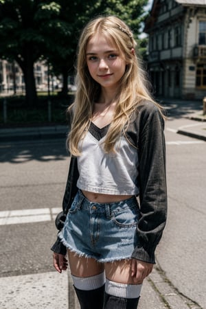 1girl, solo, 11yo, (short stature:1.1), blond hair, long hair, (8K, HDR, HD.Masterpiece, Hyperrealistic), (sharp focus, photorealistic), full body, looking at viewer, (outdoors, town, street), (extremely flat chest:1.4), (light smile), white shirt, denim shorts, (black thighhighs:1.1), (white sneakers:1.1), standing,