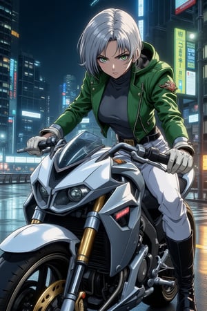 illustration, cartoon, anime, manga, drawing,egmid, score_9, score_8_up, score_7_up, comicbookpage style, ek_an1_b00ster, Cinematic style. Elegant beauty. Dynamic chiaroscuro. High resolution. Stunning animation. She is riding a large silver super bike with a futuristic design in the style of Kamen Rider. One girl. She has short gray hair and green eyes. A very beautiful girl. A girl as beautiful as a model. The girl is tall. Tall. Thin. Slender. Medium-sized chest. A gray shirt and a green leather jacket. White leather pants. A black belt with a large gold buckle on the leather pants. White leather gloves. Black leather boots. It is night. The background is a futuristic city road. The girl has a serious expression on her face. Composition viewed from the front. Composition viewed from above at an angle.