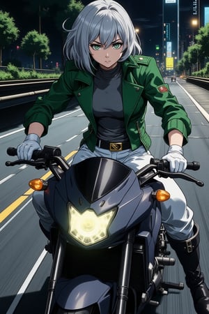 illustration, cartoon, anime, manga, drawing,egmid, score_9, score_8_up, score_7_up, comicbookpage style, ek_an1_b00ster, Cinematic style. Elegant beauty. Dynamic chiaroscuro. High resolution. Stunning animation. She is riding a large gray super bike with a futuristic design in the style of Kamen Rider. One girl. She has short gray hair and green eyes. A very beautiful girl. A girl as beautiful as a model. The girl is tall. Tall. Thin. Slender. Medium-sized chest. A gray shirt and a green leather jacket. White leather pants. A black belt with a large gold buckle on the leather pants. White leather gloves. Black leather boots. It is night. The background is a futuristic city road. The girl has a serious expression on her face. Composition viewed from the front. Composition viewed from above at an angle.