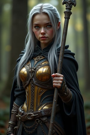 Ultra-detailed CG illustration, set in a fantasy world. Set in a forest. Time: daytime. There is a girl. 18 years old. Caucasian girl. Long silver hair and green eyes. The girl is tall. Tall. Thin. Slender. Medium bust. Wears revealing golden armor. Reveals a lot of skin. Black cloak. The girl is holding a large spear. Looking at the viewer. Pointing the spear at the viewer. Full body shot. Composition seen from the front. Front view.