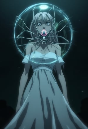 **Generated Prompt:**

A haunting shot captures the porcelain- skinned girl standing eerily still, her delicate features highlighted by the smooth quality of her skin. She wears a flowing silk gown that shimmers in the light, its fabric appearing liquid-like as it drapes over her slender figure. Her head is replaced by a transparent glass sphere, within which a mesmerizing spider resides, suspended in the center like a gemstone. The spider's iridescent body glows with electric blue, venomous green, and fiery red hues, its legs tipped with sharp points giving it an elegant yet sinister presence.

As she moves, her eyes seem to follow the spider's every twitch, their gaze locked in a symbiotic connection. The glass sphere reflects the world around her, but the spider's presence distorts reality, casting prismatic beams that dance across the room, each ray tinged with deadly intent.,animestyle,aotstyle