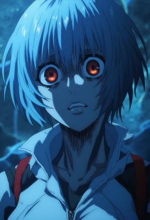 photorealistic, Rei Ayanami, Neon Genesis Evangelion, young woman, pale skin, large red eyes, short messy light blue hair, calm expression, enigmatic, white plugsuit, black and red accents, partially unzipped, collarbone visible, dramatic lighting, sci-fi atmosphere, cool blue tones, stark shadows, high-tech background, anime aesthetics, fashion photography, high resolution, detailed,animestyle,aotstyle