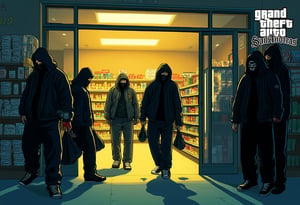 gtastyle,A stylized illustration of a character from Grand Theft Auto,shadow,San Andreas,poster text "'GRAND THEFT AUTO''SAN ANDREAS'" A tense scene unfolds inside a brightly lit convenience store as a group of masked robbers bursts through the entrance. Dressed in dark, hooded clothing, their faces obscured by various intimidating masks, they swiftly spread out, taking control of the space. One robber stands near the entrance, keeping watch, while two others move quickly through the aisles, shoving items into large bags. The cashier, frozen in fear, watches as another robber approaches the register, aggressively demanding cash. The atmosphere is filled with panic, as the robbers move with precision and haste, knowing their time is limited. Shelves of snacks and drinks create a stark contrast to the chaos of the robbery, adding a sense of normalcy to the otherwise dangerous situation