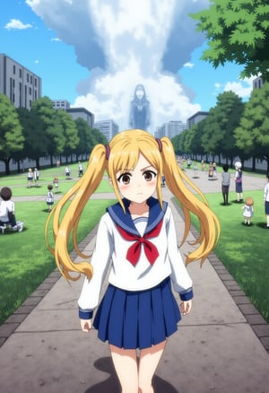 A young woman with long, golden hair styled in twin buns appears in a bustling city park. She is wearing a white and blue sailor-style uniform with a bright red bow, and her eyes show determination. The park is filled with children playing, people walking their dogs, and the soft hum of city life. Suddenly, dark clouds gather in the sky, and the wind starts to pick up. The woman looks up, sensing an unknown danger approaching. In the distance, a strange shadowy figure starts to materialize near the fountain.