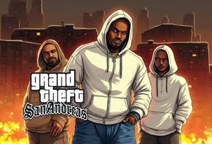 gtastyle,A stylized illustration of a character from Grand Theft Auto,shadow,San Andreas,poster text "'GRAND THEFT AUTO''SAN ANDREAS'" white hoodie, gangster, city, fire, chaos