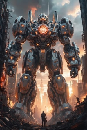 A futuristic mecha giant stands proudly in a desolate cityscape at sunset, its metallic body glowing with an otherworldly aura. The massive robot's arms stretch wide, holding aloft a gleaming sword, as it gazes out upon the ruins of civilization. Smoke and flames dance in the background, while neon lights flicker to life on the mecha's chest, casting an eerie glow over the devastation.