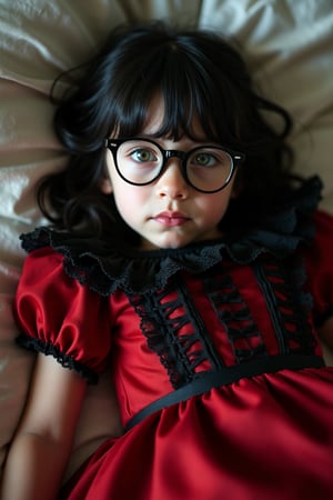 Portrait hyper realistic shot of a fullbody 14 year old russian child wearing a red and black detailed frilly chifon lace sheer rococo gothic dress, 

Pale green eyes, black hair, cute fringe, glasses, cute looking, 

Laying on her backside, rolling on bed, looking at the camera, 
natural light, siena studio lighting
UHD quality.,everything in focus, more detail XL., ,more details and textures, cinematic shot, studio shot, ultra realistic illustration, siena natural ratio,Fantasy detailers 