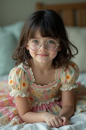 Full body portrait hyper realistic shot with ultra detailed photo of a 14 year old russian child wearing a colorful detailed frilly chifon lace sheer lolita puffy dress, pale green eyes, dark hair, cute fringe, glasses, cute looking, leaning playful, climbing a pillow, looking at the camera, natural light, siena studio lighting, masterpiece, angelical. hyper realistic photo, UHD quality. hyper realistic photo, UHD quality.,everything in focus, more detail XL., ,suzuka,bm, more details and textures, cinematic shot, studio shot, ultra realistic illustration, siena natural ratio,Fantasy detailers 