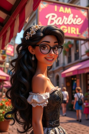 A full_body shot of a beautiful dark hair barbie girl with reading glasses wearing rococo black and white dress, focus portrait, UDH, more detail, a billboard prominently says "I am a Barbie girl", the environment is lively.