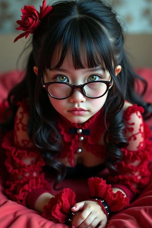 Portrait hyper realistic shot of a fullbody 20 year old russian child wearing a red and black frilly lace sheer rococo gothic cyber suit, 

Pale green eyes, black hair, cute fringe, glasses, cute looking, 

Laying on her backside, rolling on bed, looking at the camera, 
natural light, siena studio lighting
UHD quality.,everything in focus, more detail XL., ,more details and textures, cinematic shot, studio shot, ultra realistic illustration, siena natural ratio,Fantasy detailers 