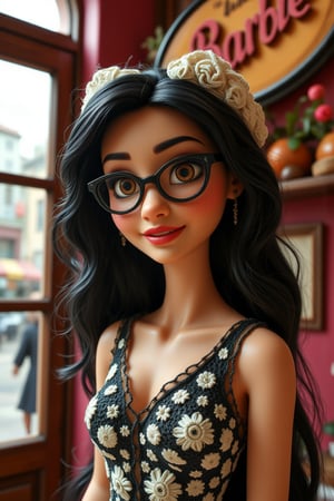 A full_body shot of a beautiful dark hair barbie girl with reading glasses wearing rococo black and white dress, focus portrait, UDH, more detail, a billboard prominently says "I am a Barbie girl", the environment is lively.